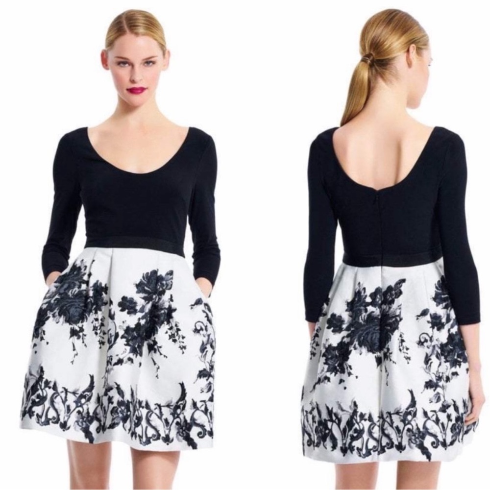Adrianna Papell • Mini Dress • Pockets • 4 • Black White • Floral • 3/4 Sleeve